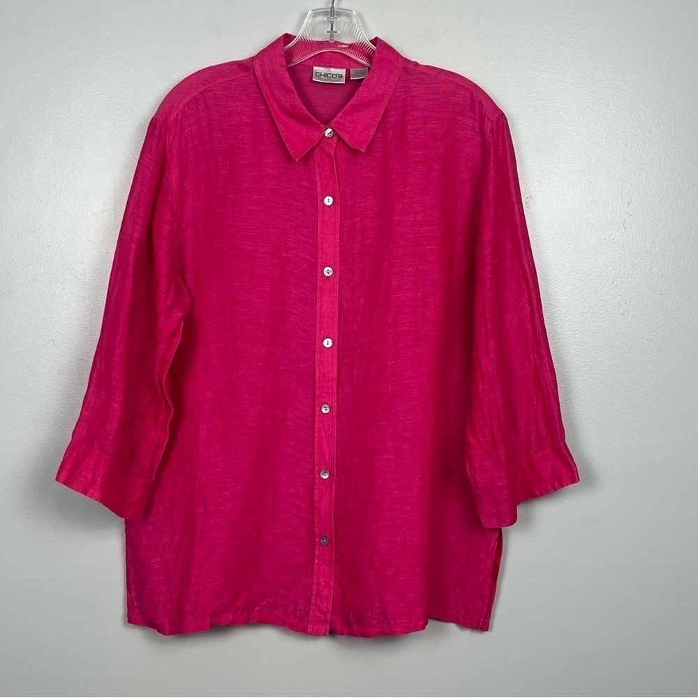Chico’s bright pink linen silk blend button front 3/4 sleeve shirt, 2 = large.